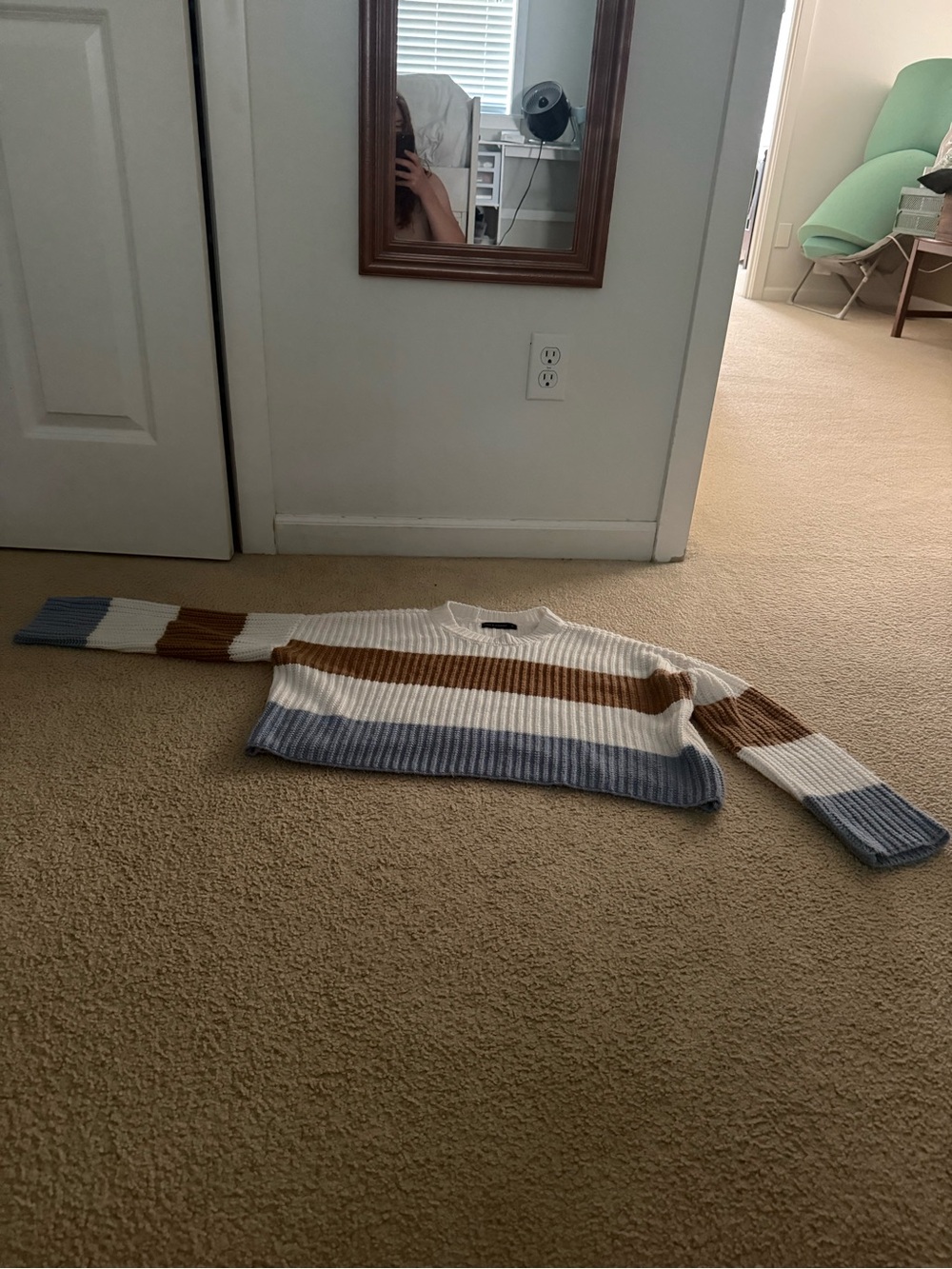 Striped Ribbed Crewneck Sweater in White, Brown & Light Blue